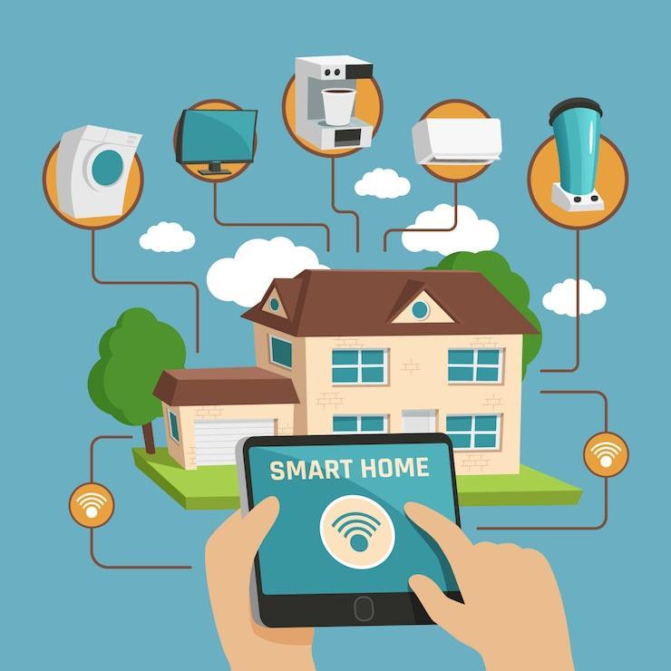 Illustration of connected smart home devices around a house.